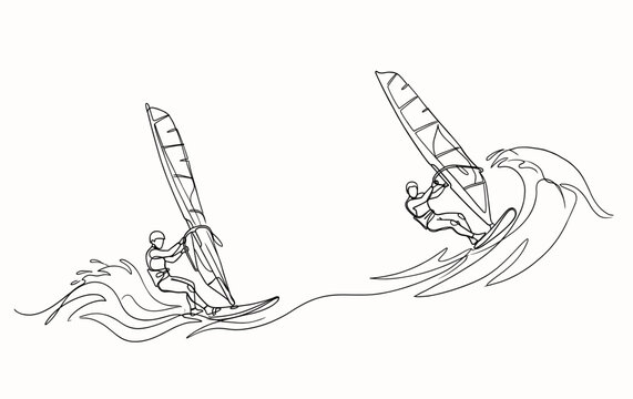 Tropical windsurfing boards riding ocean waves, summer vacation concept. Single line illustration, hand drawn vector art