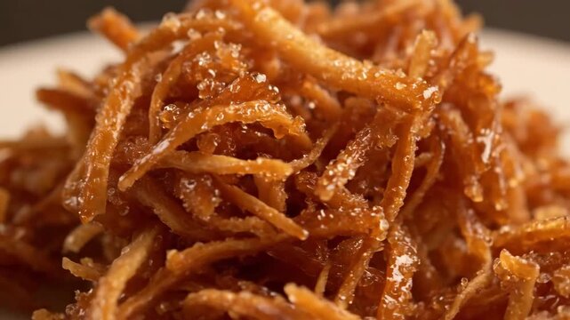Close-up macro shot of crispy caramelized shredded food, coated in golden sugar glaze, representing a traditional asian sweet snack or dessert