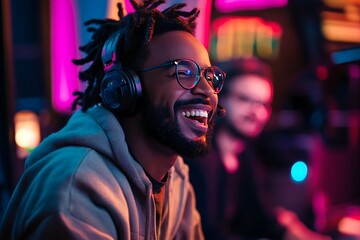 Obraz premium Joyful black man wearing headphones and glasses laughs heartily while playing video games in a room with vibrant neon lighting.