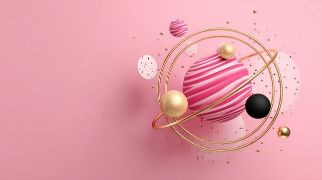 Abstract composition features spherical objects and golden rings against a solid pastel pink background