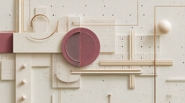 Composition featuring layered geometric shapes and textured surfaces in muted tones