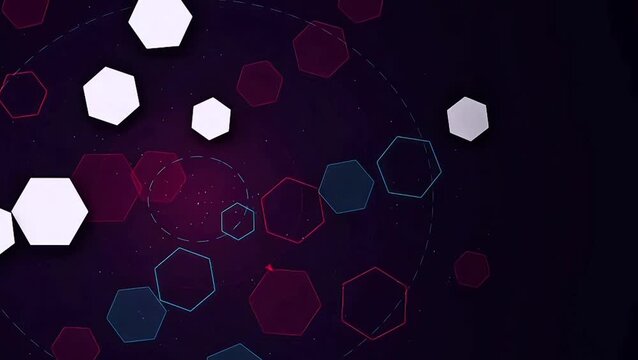 Abstract technology background animation with rotating abstract hexagon structures and tech line elements on a dark gradient. Ideal for digital media and cyber presentation loops.