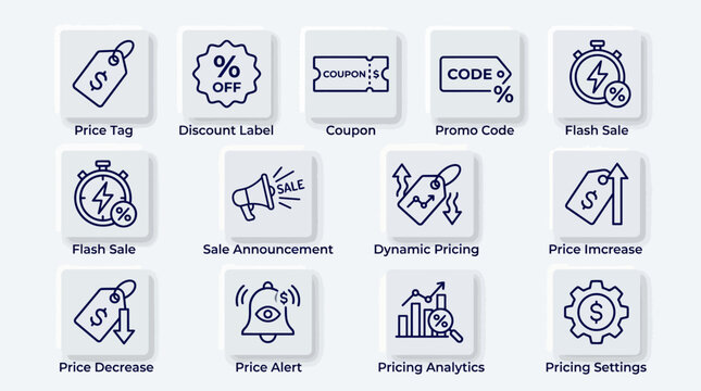 Set of pricing and discount strategy icons for business.