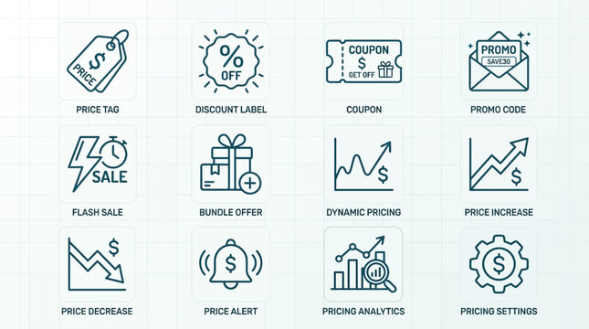 Set of pricing and sales related icons in thin line style.