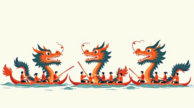 Three colorful dragon boats racing with teams of rowers on the water during a traditional chinese festival celebration vector illustration