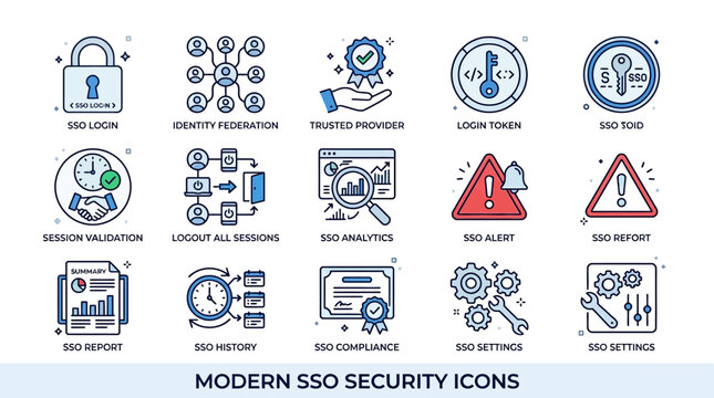 Set of modern SSO security and identity management line icons.