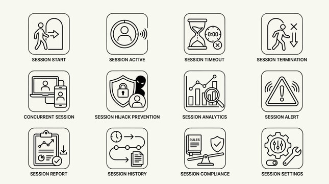 Set of session management line icons for cybersecurity and user activity tracking.