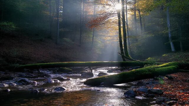 Sunlight filters through dense autumn forest trees illuminating a flowing river with mossy fallen logs