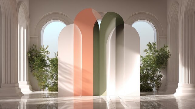 Architectural installation features curved panels and classical elements bathed in natural light