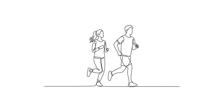 Continuous line drawing of a man and woman running together in athletic wear