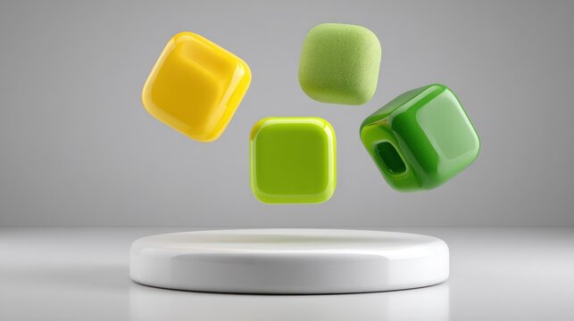 Four colorful, rounded cubic objects float above a white display pedestal against a soft gray backdrop