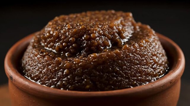 Macro shot of thick, dark brown, granular food paste, such as sweet molasses, fig jam, or date chutney, served in a rustic terracotta earthenware bowl on a black background.