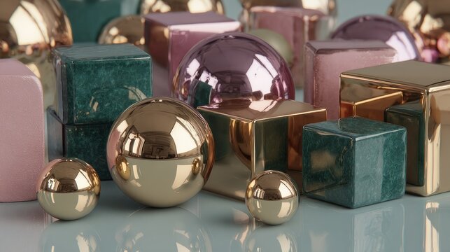 Assortment of reflective and textured geometric objects arranged in a display