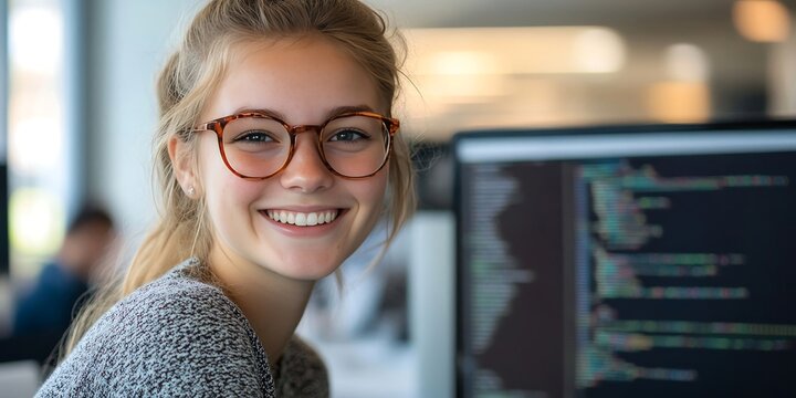 Smiling young woman wearing glasses is working on a computer with code displayed on the screen.