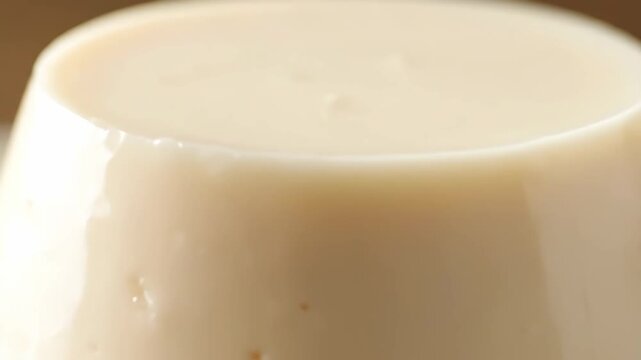 Extreme close-up of smooth creamy dessert texture, resembling panna cotta or milk pudding in a mold