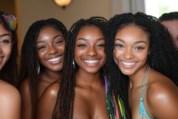 Fototapeta premium Three diverse young women with braided hair are smiling together closely in a group portrait.