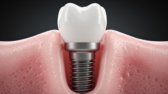 A close-up 3D illustration of a dental implant embedded in gum tissue, showing the titanium screw and the ceramic tooth crown.