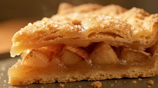 Extreme close-up of a hot, steaming slice of apple pie topped with glistening sugar crystals, showcasing the flaky golden crust and caramelized filling