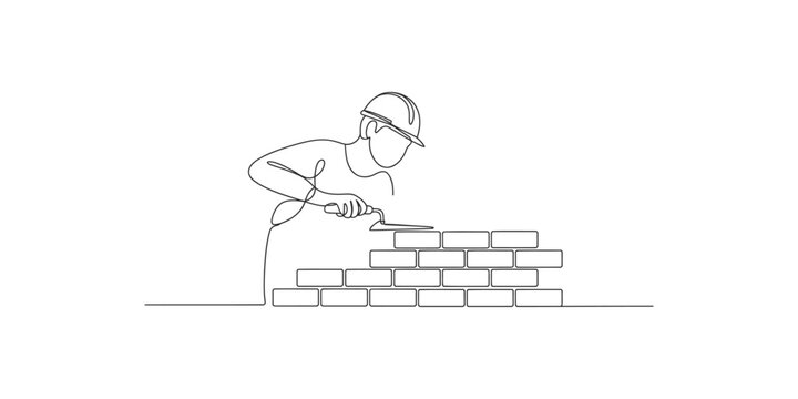 Continuous line drawing of a construction worker building a brick wall