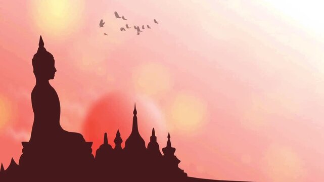 Buddha statue silhouette appearing alongside ancient temple stupas against a pink sunrise sky.