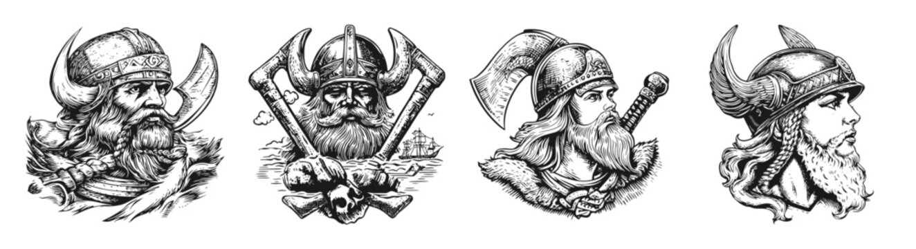 Detailed Viking Warrior Illustrations with Helmets and Weapons, vector illustration, engraving design, logo design set, black and white line, template design element