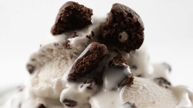 Macro shot of vanilla ice cream melting with chocolate cookie chunks, featuring a heart-shaped piece. delicious frozen dessert isolated on a bright white background.