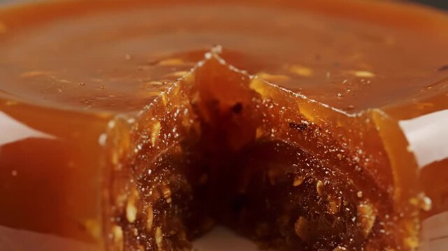 Close-up macro shot of traditional amber dessert with chopped nuts sliced. gourmet round confection featuring translucent caramel jelly texture.
