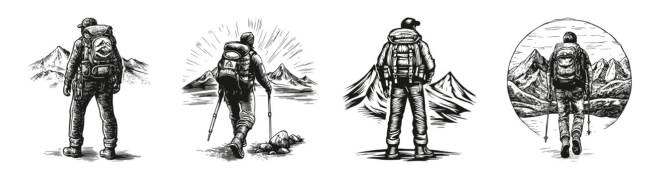A Journey Through Mountains: Exploration, Adventure, and Nature, vector illustration, engraving design, logo design set, black and white line