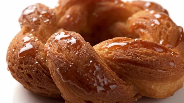 Extreme close-up of sweet braided pastry drizzled with glossy honey or golden syrup on a white background, highlighting the rich texture of the baked bread