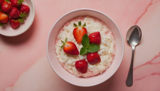 bowl of strawberry rice pudding
