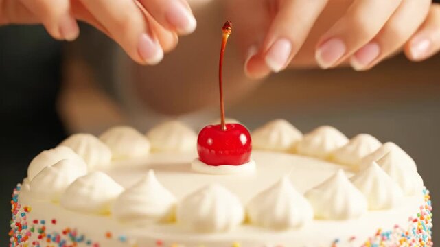 Close-Up of a Baker's Hand Placing the Final Cherry on Top of a Frosted Cake, 4K.
