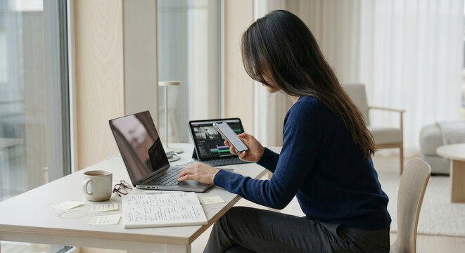 Faceless female freelancer checking smartphone while working on laptop computer
