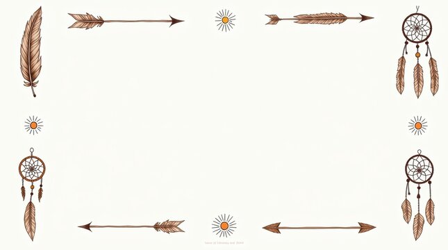 Boho frame border with dreamcatchers arrows feathers and flowers for festive invitation card design