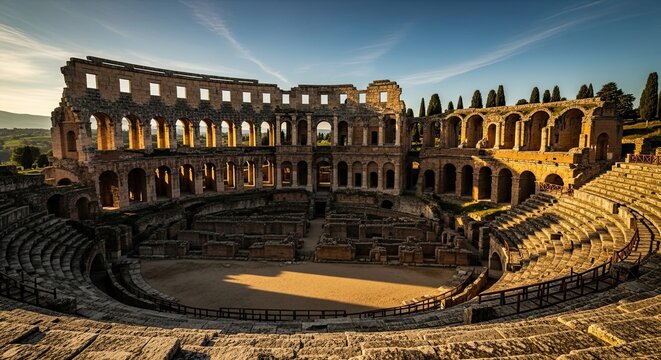 Ancient Roman Amphitheatre in Pula Croatia at Sunset.