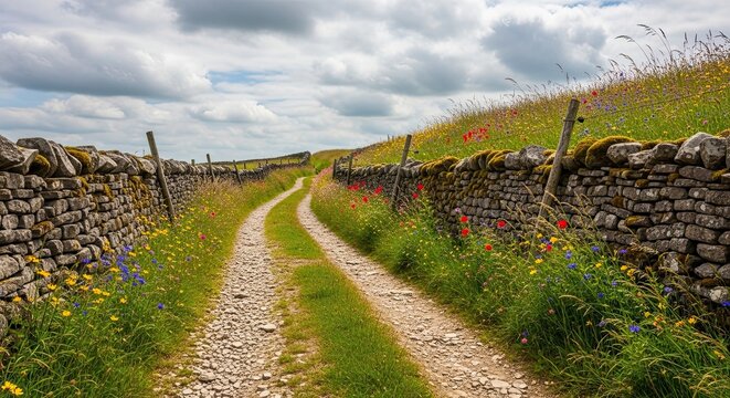 Scenic Countryside Path Lined with Stone Walls and Green Fields.