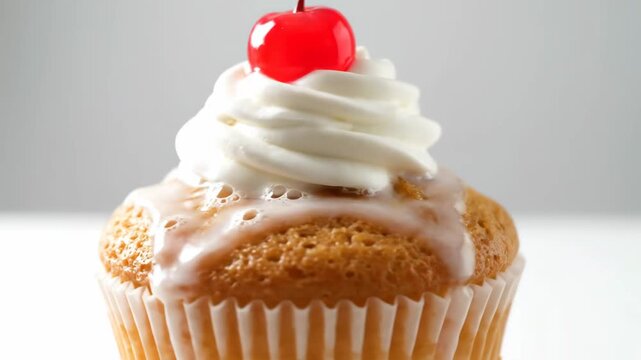 Delicious vanilla cupcake topped with rich white icing, a swirl of whipped cream, and a bright red maraschino cherry in a detailed studio close-up shot