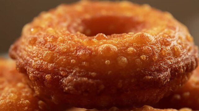 Close-up macro shot of a freshly fried golden brown doughnut with a rich, sugary glaze, emphasizing its tempting texture and delicious, high-calorie sweetness.