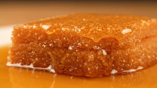 Decadent dessert, sticky cake, or pudding piece drenched in thick golden syrup or rich caramel sauce, presented in a close-up macro shot for food promotion.