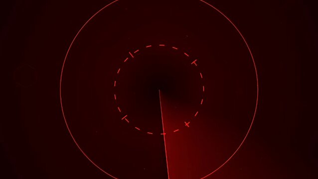 Futuristic red radar scanning screen animation with HUD interface elements and data particles on a dark backdrop. Perfect for military, cybersecurity, and technology presentation loops