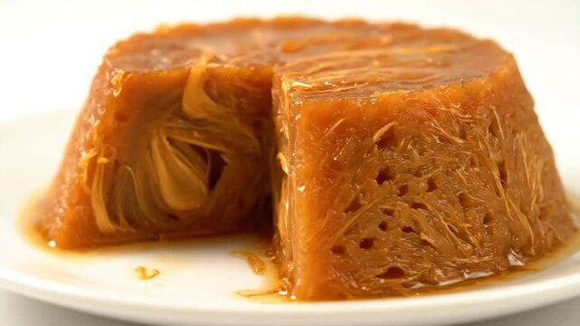 Delicious traditional middle eastern shredded pastry kunafa or similar dessert soaked in rich caramel syrup, served on a white plate with a slice removed.