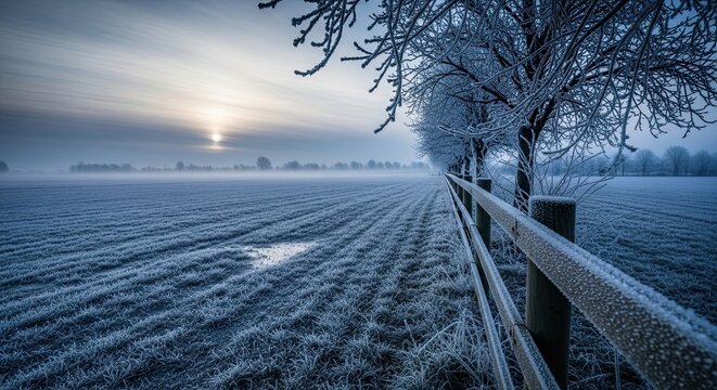 Frosty Winter Sunrise Over Agricultural Field with Row of Trees.