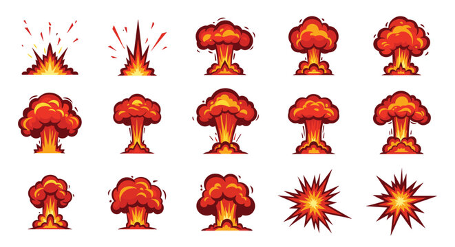 Sequence of fifteen cartoon style explosions depicts various stages of fire, smoke, and mushroom cloud formations.