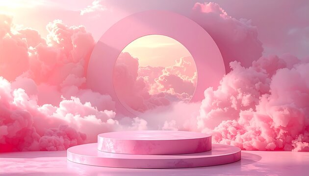 A pastel pink, minimalistic scene features a circular stage and archway. Fluffy clouds fill the background, bathed in ethereal light