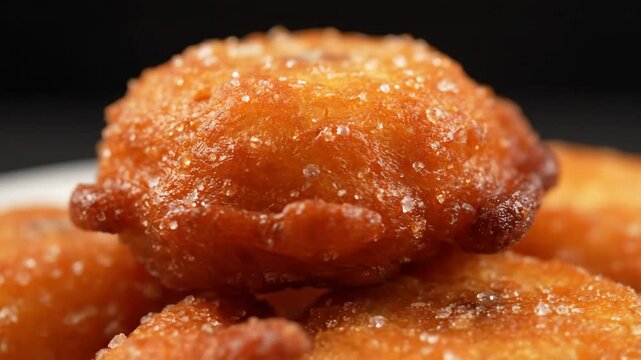 Extreme close-up macro shot of golden brown deep fried fritter coated heavily with sparkling granulated sugar crystals on a dark background