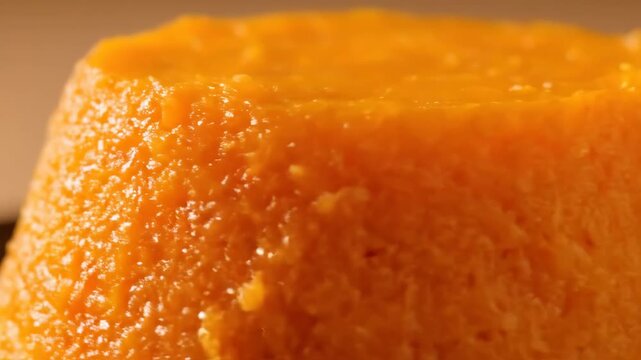Macro shot of vibrant orange sweet potato or pumpkin pudding dessert. close-up texture of traditional homemade autumn/fall dish or flan.