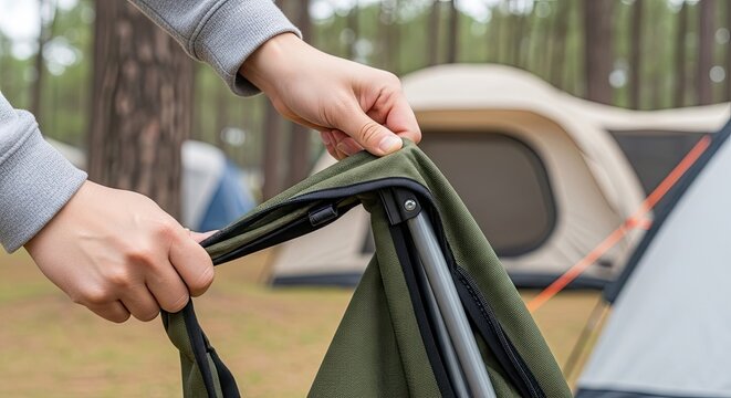 Setting up a camping chair at a campsite with tents in the background.