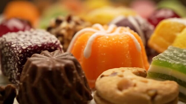 Close-up macro shot of assorted colorful gourmet confectionery and sweets, featuring star-shaped candy dusted with powdered sugar, jellies, and chocolate bonbons.