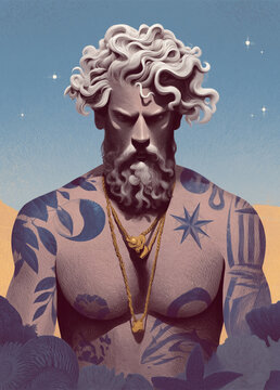 Tattooed mythological man with curls and beard, surreal editorial portrait blending ancient god imagery, mysticism, symbolism, masculinity, and contemporary artistic style