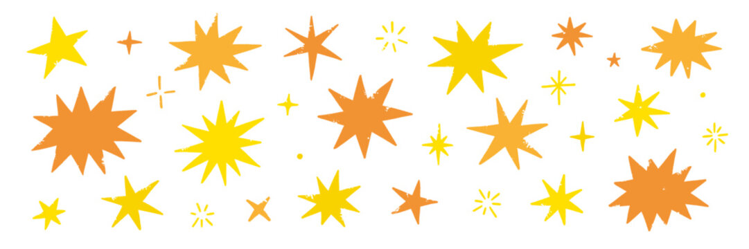Star hand line drawn set. Hand drawn yellow star doodle brush crayon icon with grunge texture. Cute magic sparkle lightning crown symbol school cartoon background. Vector illustration