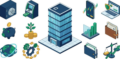 Fototapeta premium Business and Banking Isometric Vector Icon Set Featuring Financial Institution Building ATM Safe Piggy Bank Mobile Trading Wallet and Market Analytics Graph Elements